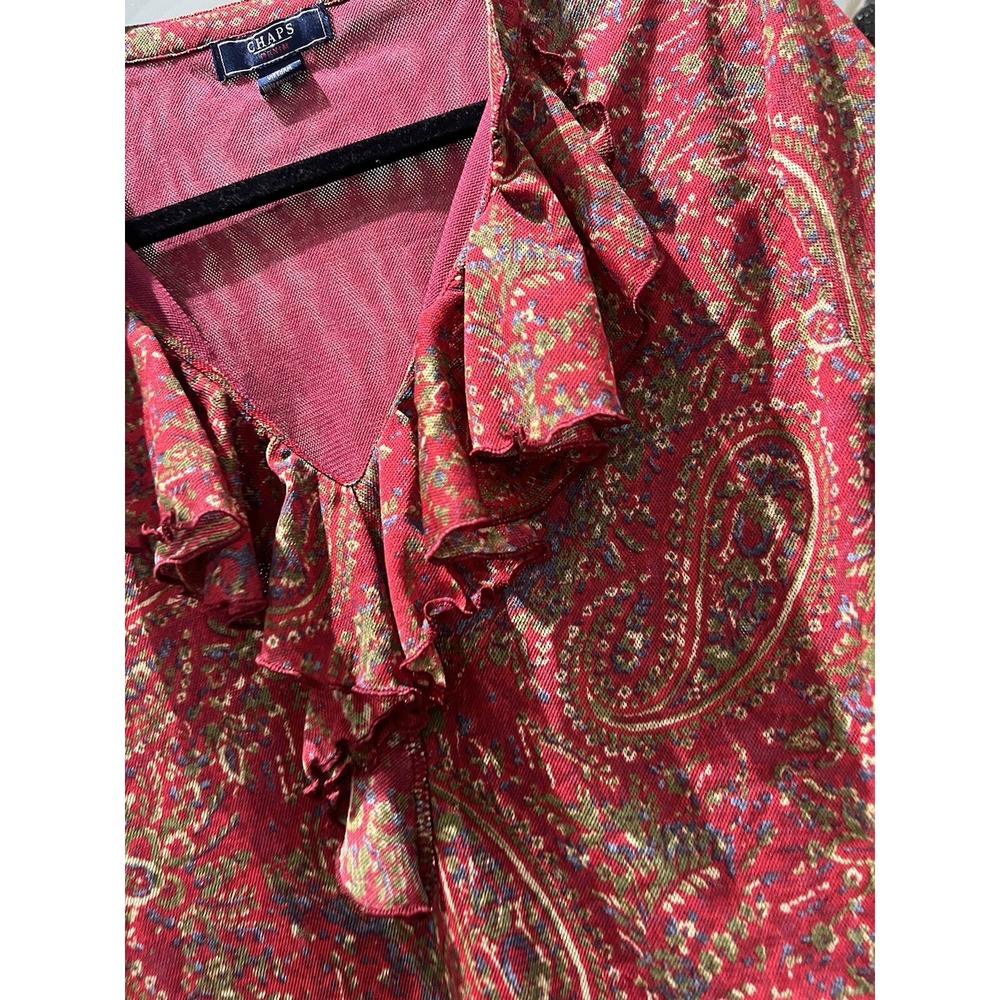 Chaps Ralph Lauren Red Paisley Mesh Ruffle V Neck Blouse Top XL 3/4 Sleeve - Picture 2 of 9